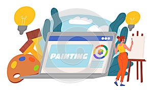 Concept of learning to draw online. Woman painting on a canvas, palette, brushes, laptop with 'PAINTING' on the