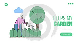 Concept Of Leisure And Hobby Of Retired People. Website Landing Page. Woman Is Gardening, Planting And Watering Plants