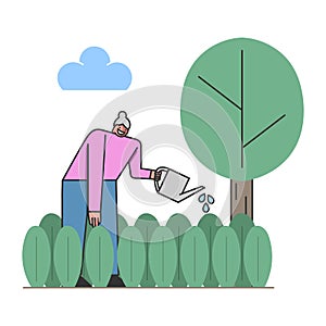Concept Of Leisure Of Retired People. Happy Aged Female Character Enjoy Her Hobby. Woman Is Gardening