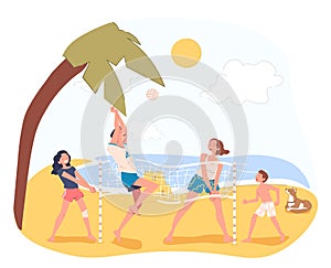 Concept of leisure and sport. People playing volleyball on the beach with a palm tree, sun, and a dog, on a light