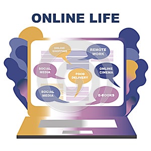 Concept of life online. You can get everything staying at home online.  laptop, choosing a service, creativ gradient illustration