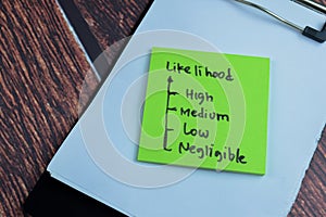 Concept of Likelihood write on sticky notes isolated on Wooden Table