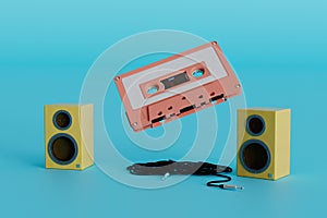 the concept of listening to music. an old audio cassette, cord and speakers on a turquoise background. 3D render