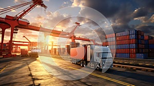 Concept of Logistic import export and transport, Container truck in ship port for business Logistics and transportation of