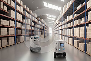 Concept, logistics robots keep records, accounting stocktaking in deserted warehouse with shelves, Generative AI
