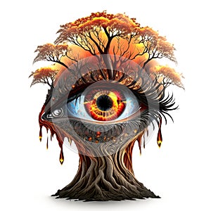 Concept logo The eye tree of fire on earth on white background