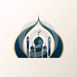 Concept, logo, flame and mosque navy blue and gold, white background. Mosque as a place of prayer for Muslims