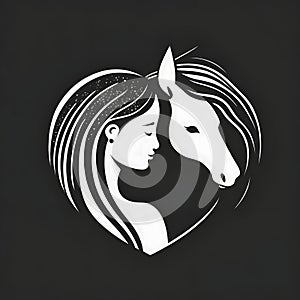 The concept of the logos heart, and in it the silhouette of a Woman and the head of a horse. Dark backg. Heart as a symbol of
