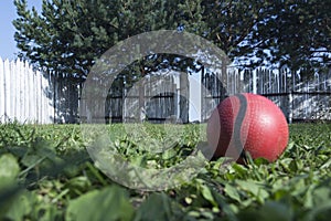 The concept of loneliness or kidnapping. A lonely red ball lies on the green grass in the courtyard against the background of a wh