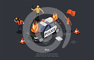 Concept Of Looting. Multi ethnic Group Of People Break Police Car Throwing Molotov Cocktail. Aggressive Masked