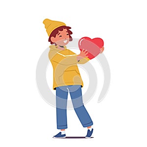Concept Love, Charity, Gratitude, Donation. Little Boy Character Holding Big Red Heart in Hands. Happy Child with Heart
