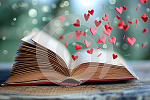 Concept of a love story book. An open book with hearts flying out of it, lying on wooden table.