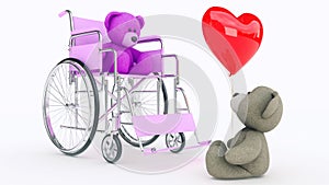 Concept of love. Two teddy bears in wheelchair with red heart