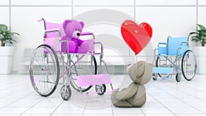 Concept of love. Two teddy bears in wheelchair with red heart