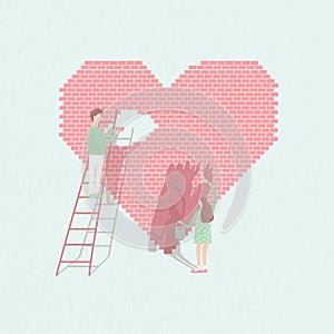 Concept love is work . Couple in love build relationships. Cute guy and girl on the background of brick heart. Vector