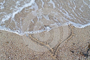 The concept of loveless love and a broken heart. Waves wash off a painted heart