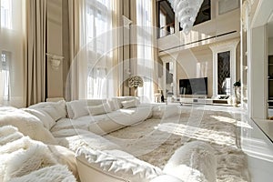 Concept Luxury Modern luxurious living room with white fluffy sofa tall ceiling and cream textiles