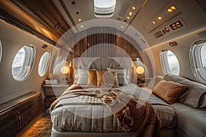 Concept Luxury Travel, Interior Design, Modern Luxe in the Sky Minimalist Private Jet Bedroom