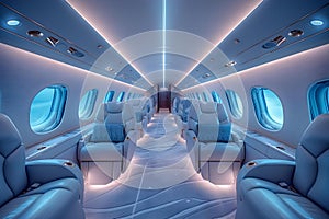 Concept Luxury Travel, Jet Sleek Private Jet Interior with Plush Seating and Ambient Lighting