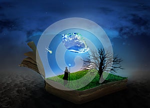 Concept of magic book covered with grass and tree.