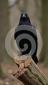 Majestic crow perched on weathered tree trunk dark atmospheric photo