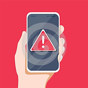 Concept of malware notification or error in mobile phone. Red alert warning of spam data, insecure connection