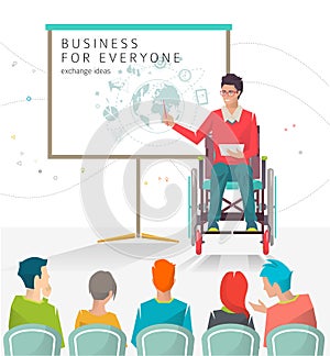 Concept of man with disabilities holding presentation. photo