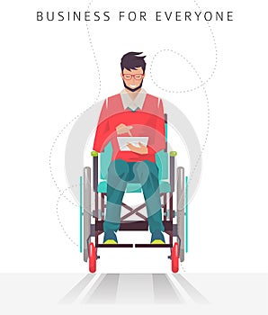 Concept of man with disabilities working with tablet. photo
