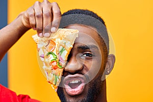 concept man happy black guy pizza fast hold delivery background smile food food