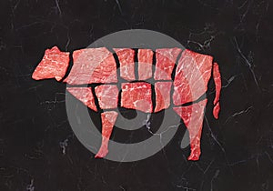Concept marbled meat beef. Top view. black marbled background