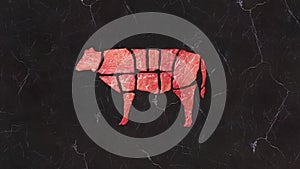Concept marbled meat beef. Top view. black marbled background