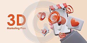 Concept of marketing plan. Poster with man holding smartphone with red megaphone