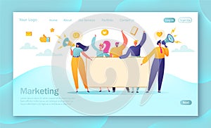 Concept of marketing team landing page. Team work with flat business people characters holding horizontal empty banner.