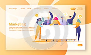 Concept of marketing team landing page. Team work with flat business people characters holding horizontal empty banner. T