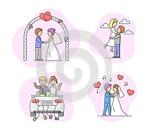 Concept Of Marriage Ceremony. Set Of Couples Grooms And Brides Enjoy Each Other. Just Married Men And Women Go On