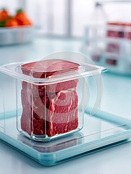 Concept of meat cultured from animal somatic cells. Meat sample in the disposable plastic container in modern laboratory