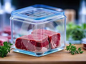 Concept of meat cultured from animal somatic cells. Meat sample in the disposable plastic container in modern laboratory