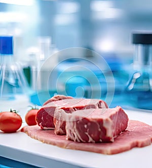 Concept of meat cultured from animal somatic cells. Meat sample in the disposable plastic container in modern laboratory