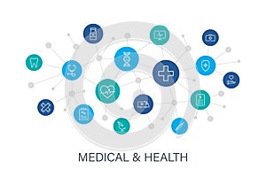 Concept Medical and Health web icons in line style. Medicine and Health Care, RX, infographic. Digital network, social