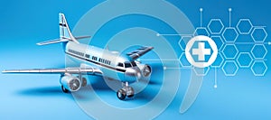 Concept of medical tourism,White Airplane on medical elements blue background