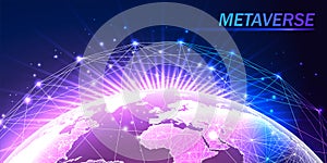 Concept of metaverse with purple global network, planet earth view in futuristic holographic style