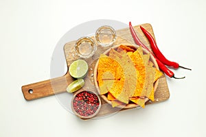 Concept of Mexico food, Tortilla and tequila, top view