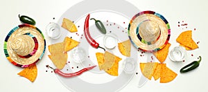 Concept of Mexico food, Tortilla and tequila, top view