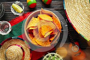 Concept of Mexico food, Tortilla and tequila, top view