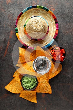 Concept of Mexico food, Tortilla and tequila, top view