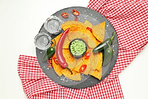 Concept of Mexico food, Tortilla and tequila, top view