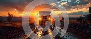 Concept Mining Industry, Openpit Haul truck transports mined material in openpit mine at sunset