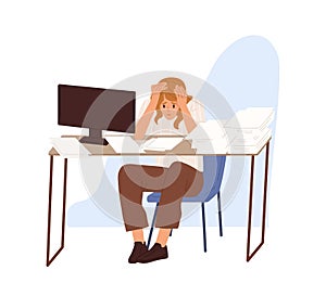 Concept of missing deadline and bad time management. Scene of tired, fatigue, stressed woman who clutch head sitting at