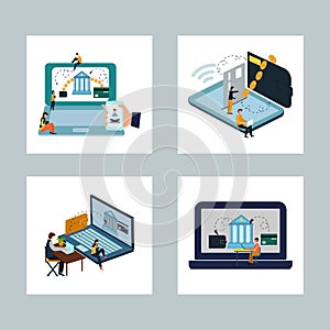 The concept of mobile banking and online payments. Icon set. Flat cartoon style. Vector illustration.