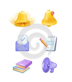 The concept of mobile learning, e-learning and the application of online courses. A set of 3d icons of bell, horn, books